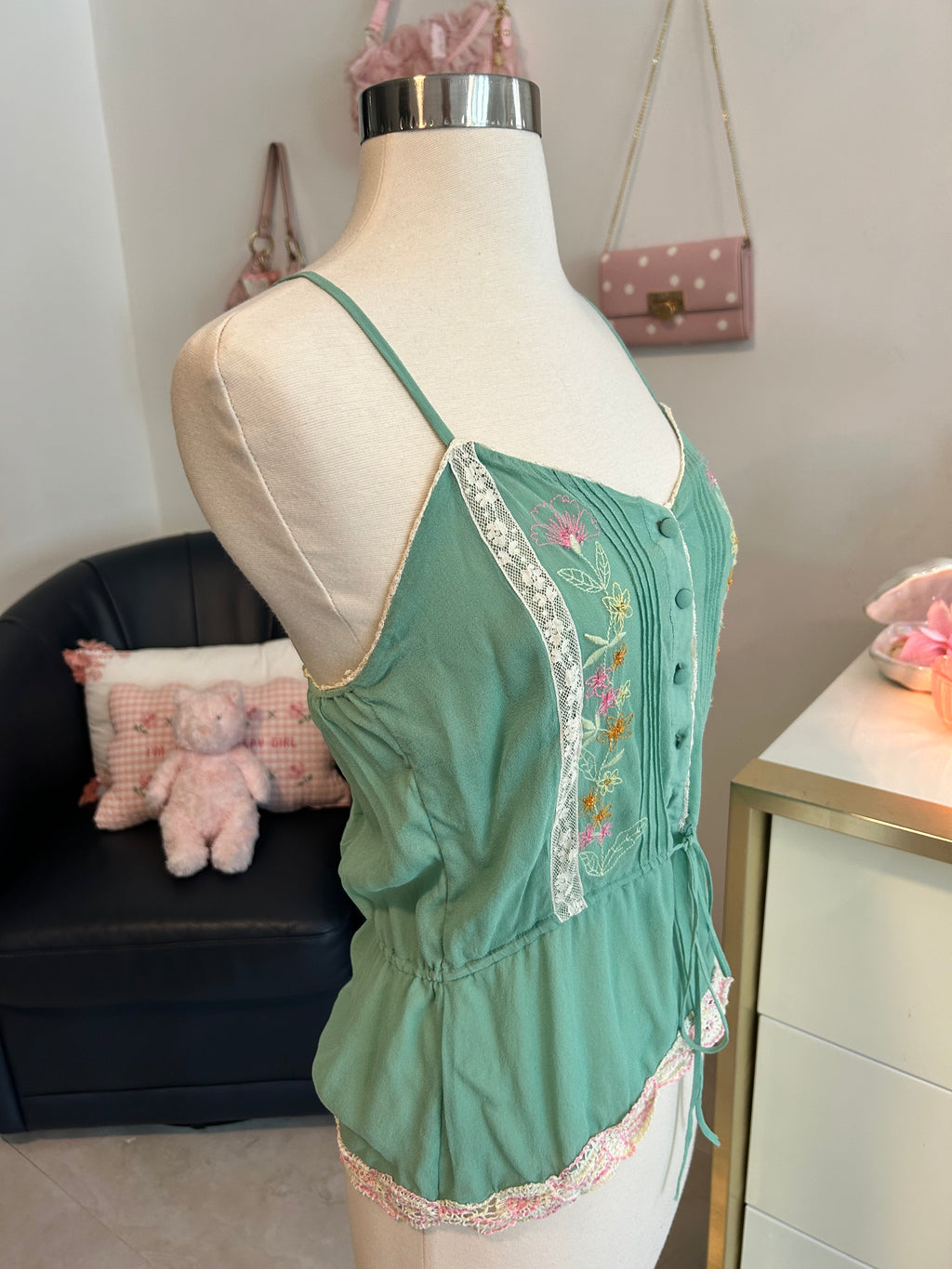 Mint Tie Waist Blouse With Beading and Embroidery-XS