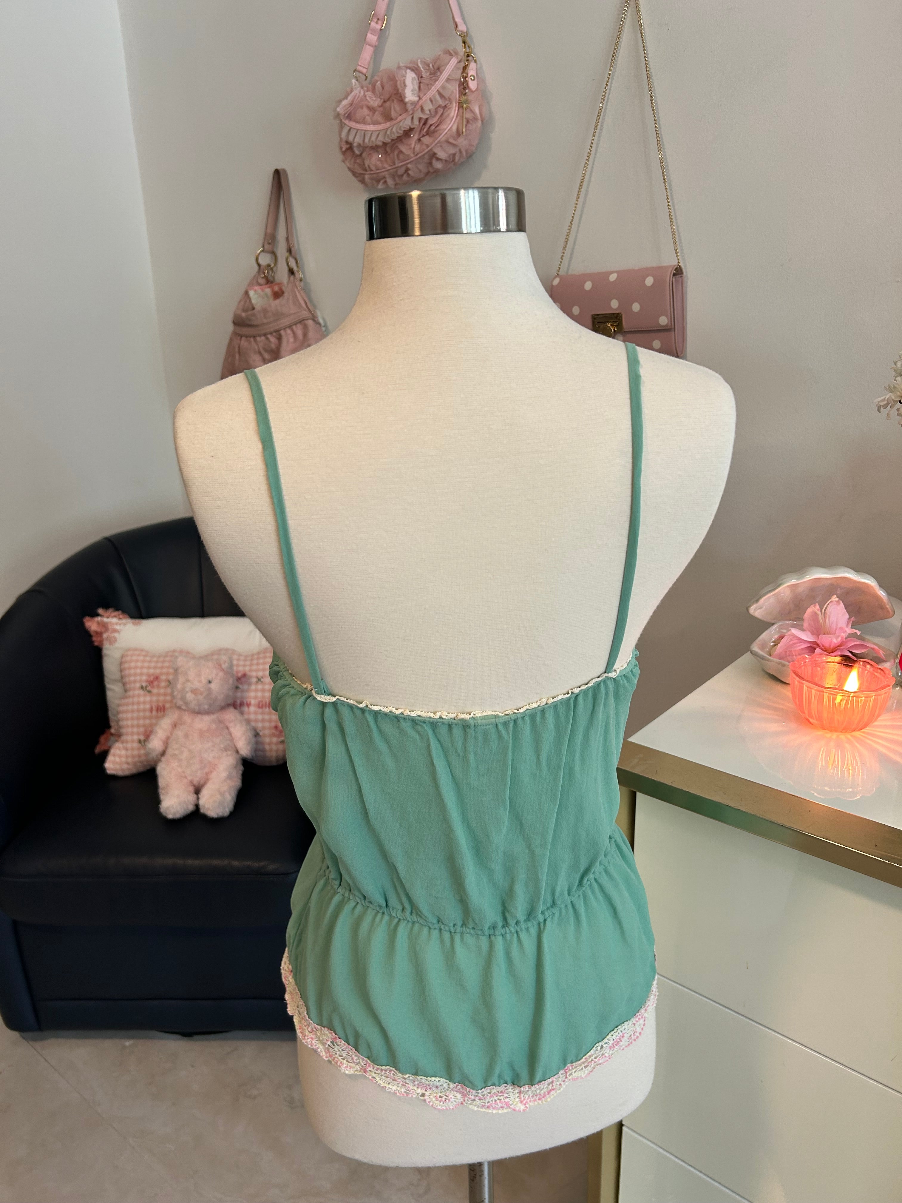 Mint Tie Waist Blouse With Beading and Embroidery-XS