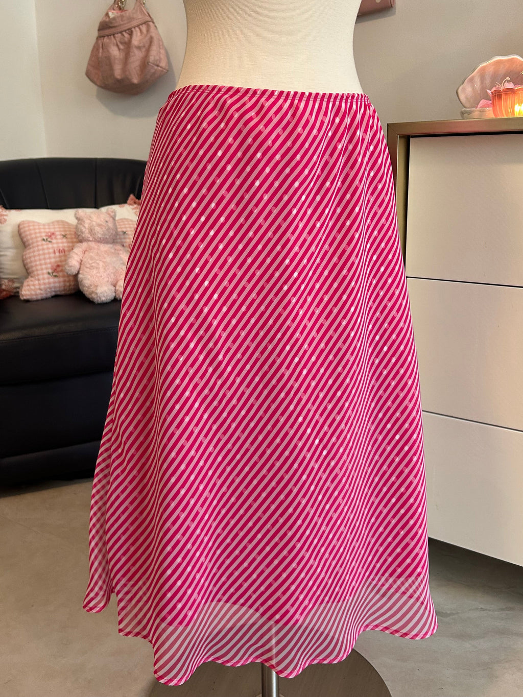 Polka Dot and Striped Pink Midi Skirt-L