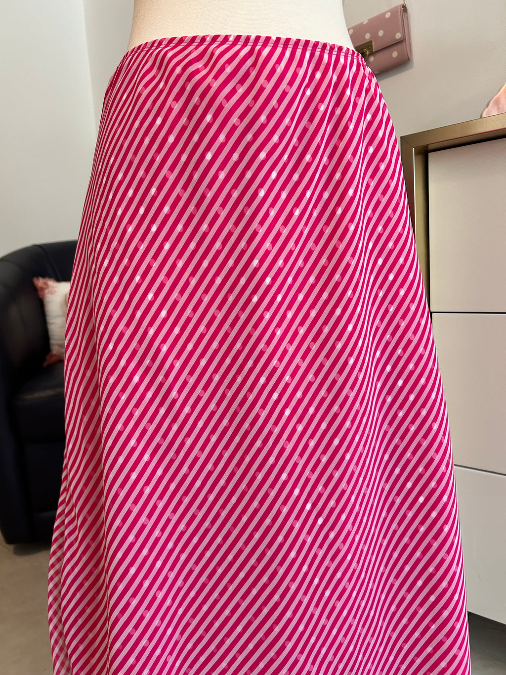 Polka Dot and Striped Pink Midi Skirt-L