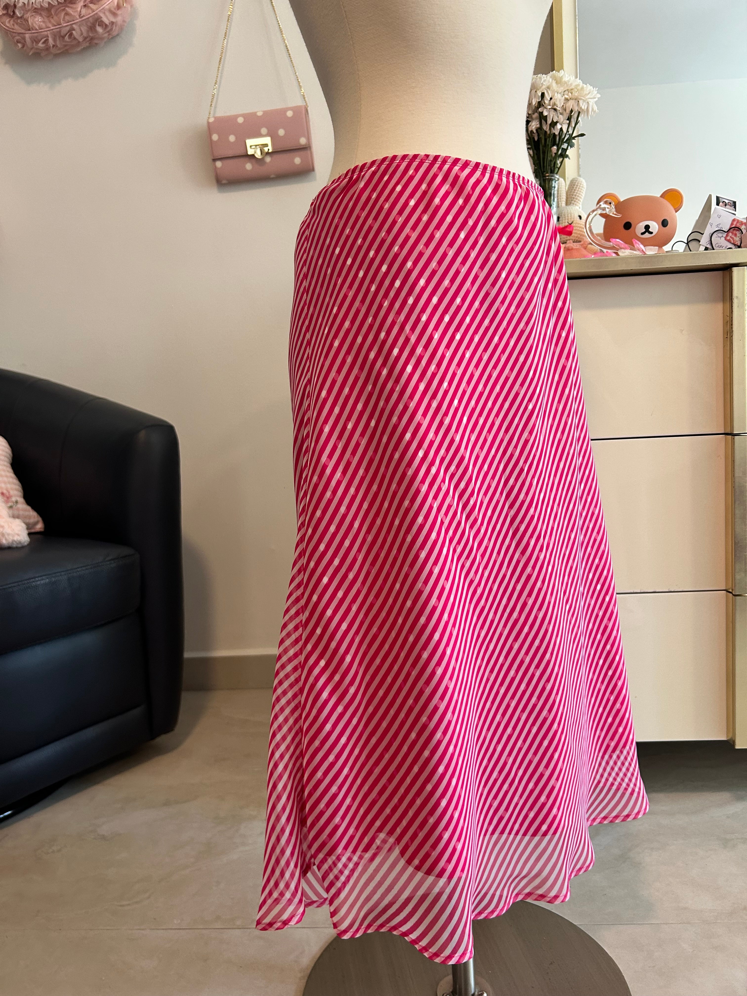 Polka Dot and Striped Pink Midi Skirt-L