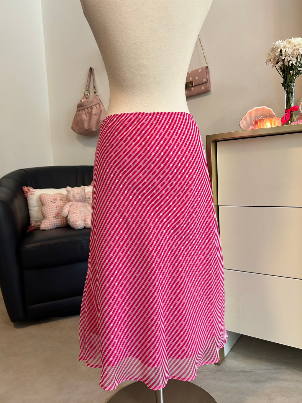 Polka Dot and Striped Pink Midi Skirt-L